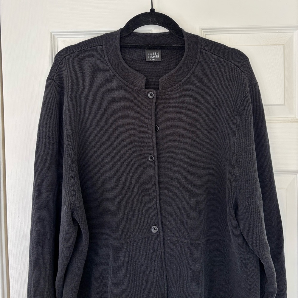 Eileen Fisher Silk Cotton Blend Interlock Knit Stand Collar Button Up Cardigan - Picture 3 of 6